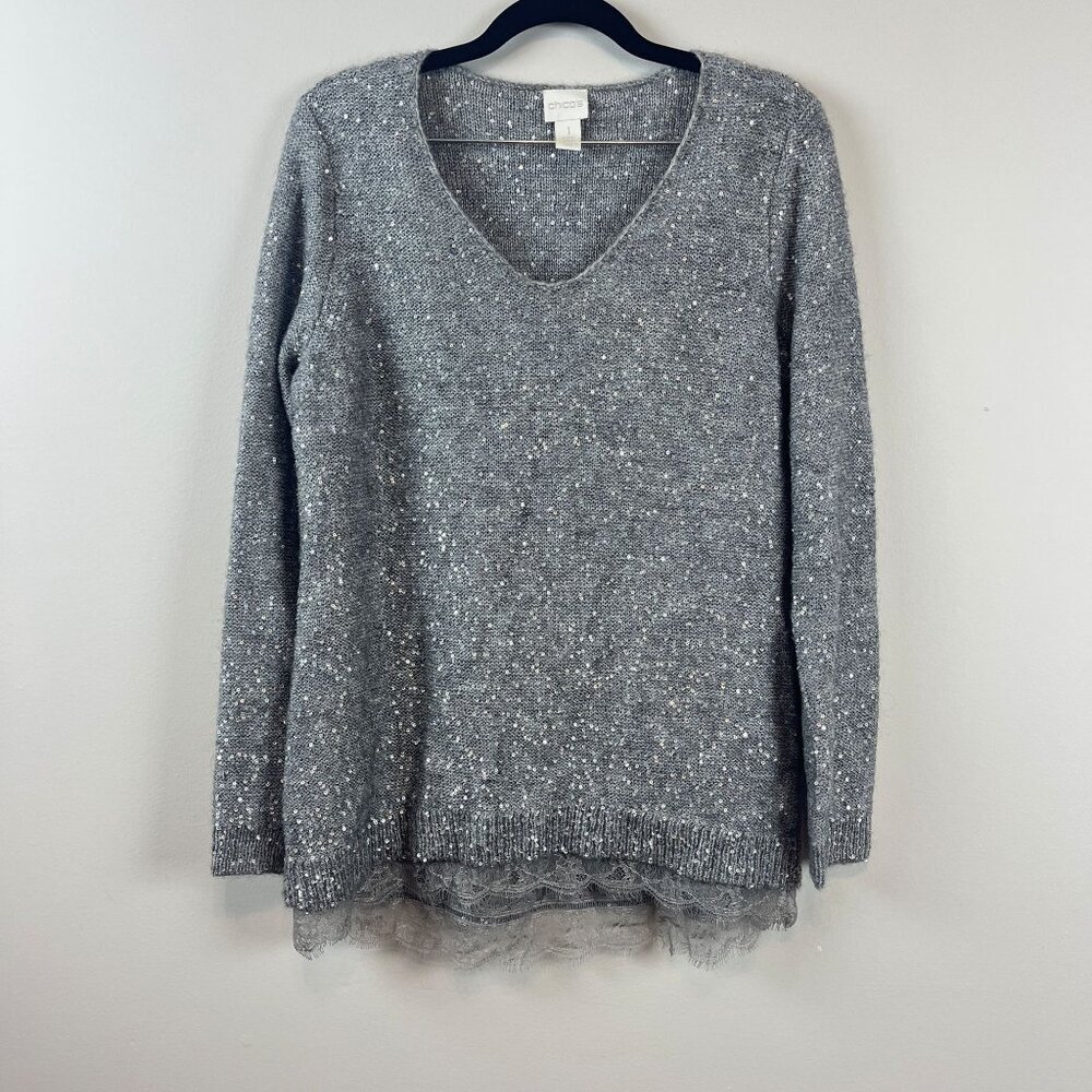 2/$30 Chico's Silver Sequin Lace Sweater 1